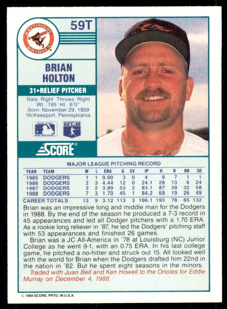 1989 Score Rookie & Traded Brian Holton Baltimore Orioles #59T