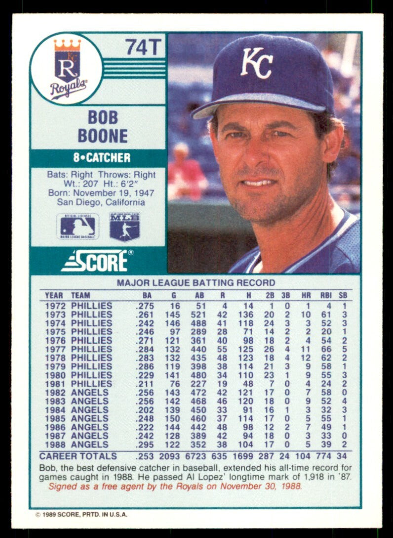 1989 Score Rookie & Traded Bob Boone Kansas City Royals #74T