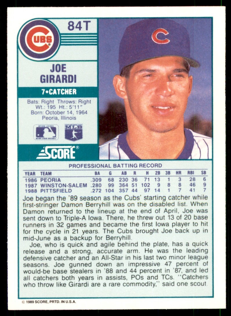 1989 Score Rookie & Traded Joe Girardi Chicago Cubs #84T