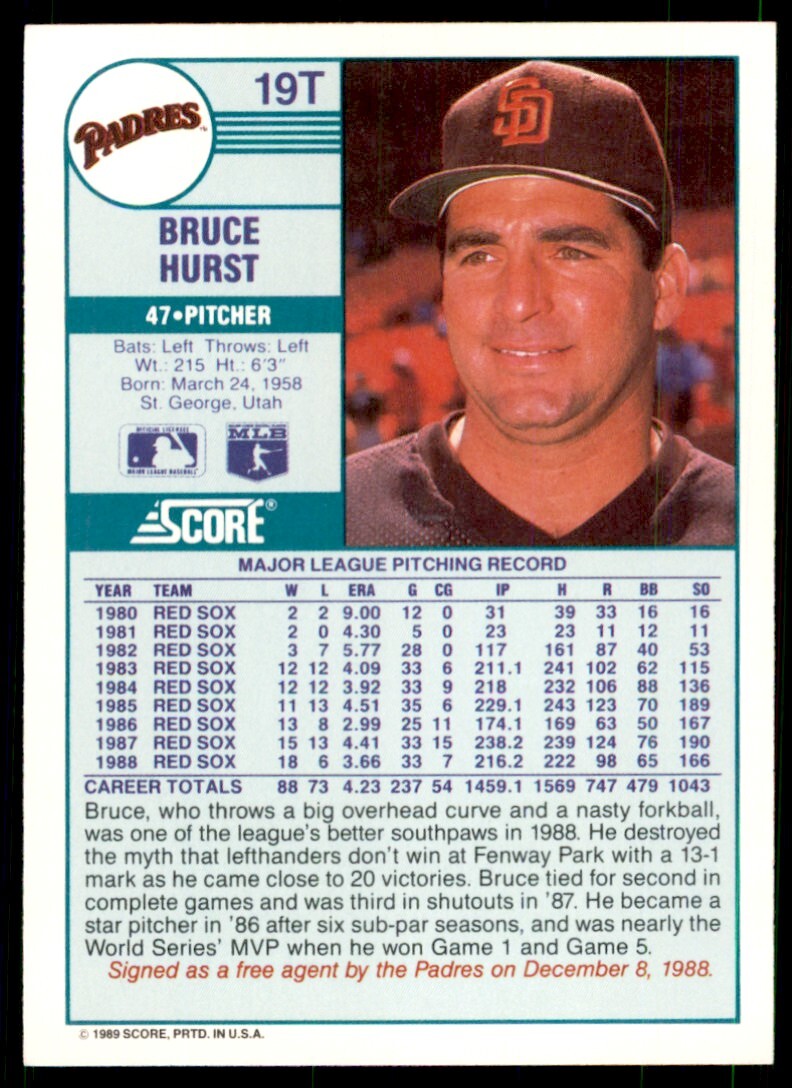 1989 Score Rookie & Traded. Bruce Hurst San Diego Padres #19T