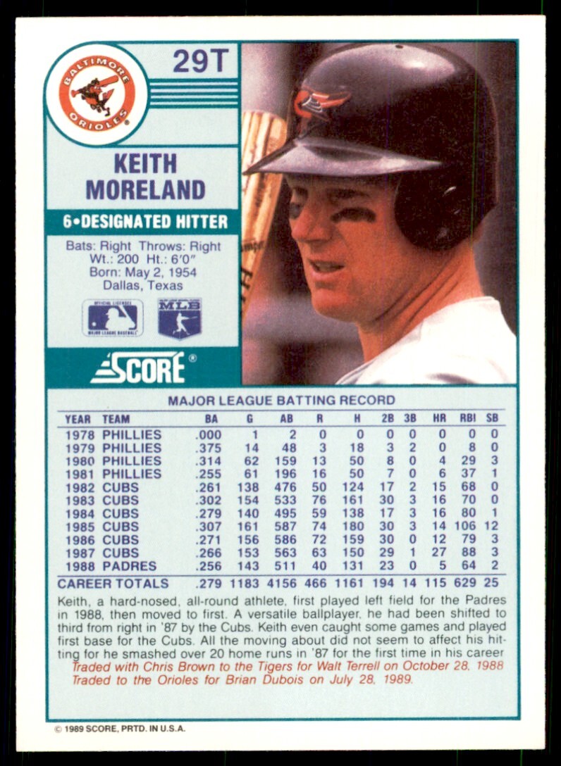 1989 Score Rookie & Traded. Keith Moreland Baltimore Orioles #29T
