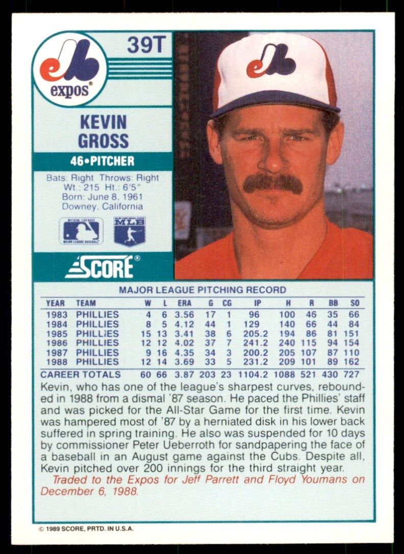 1989 Score Rookie & Traded. Kevin Gross Montreal Expos #39T