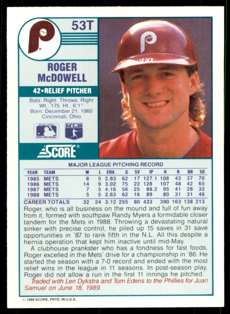 1989 Score Rookie & Traded. Roger McDowell Philadelphia Phillies #53T