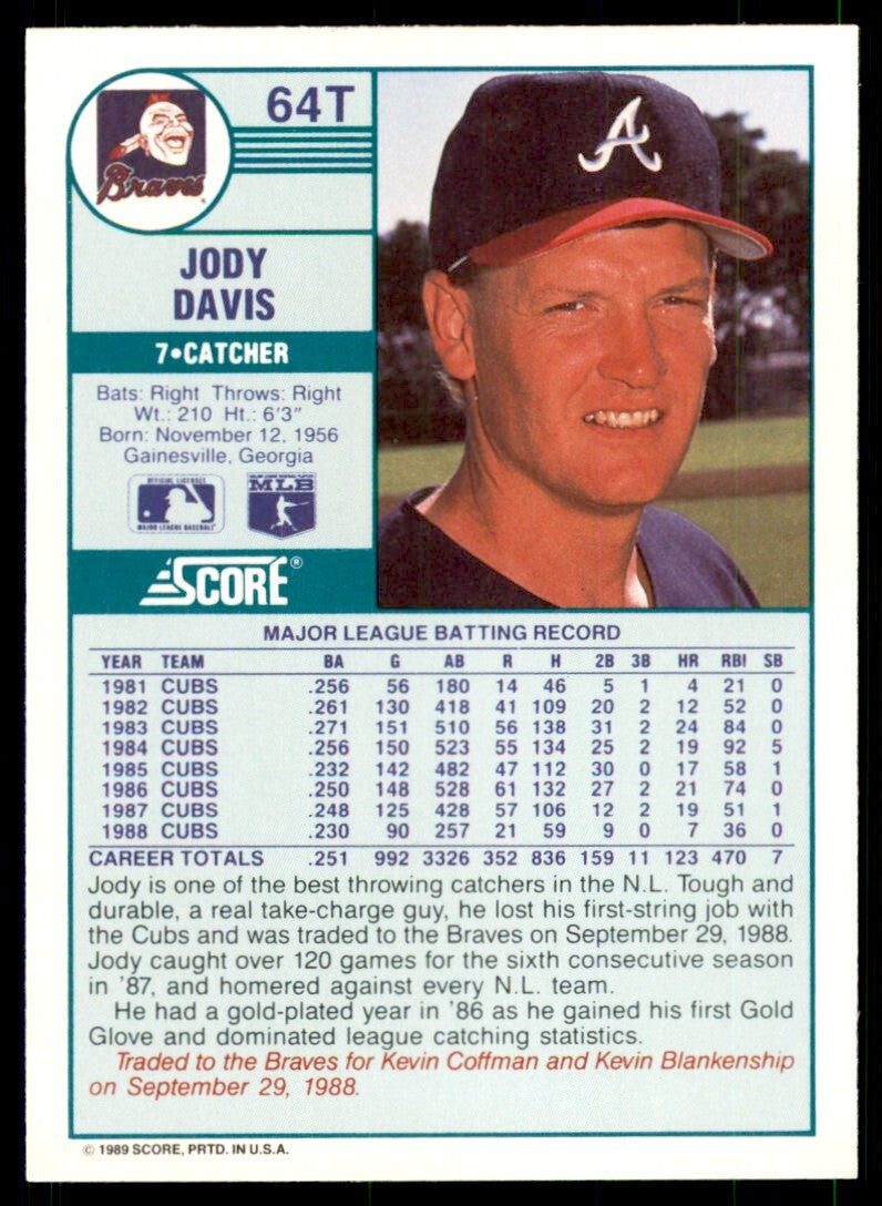 1989 Score Rookie & Traded. Jody Davis Atlanta Braves #64T