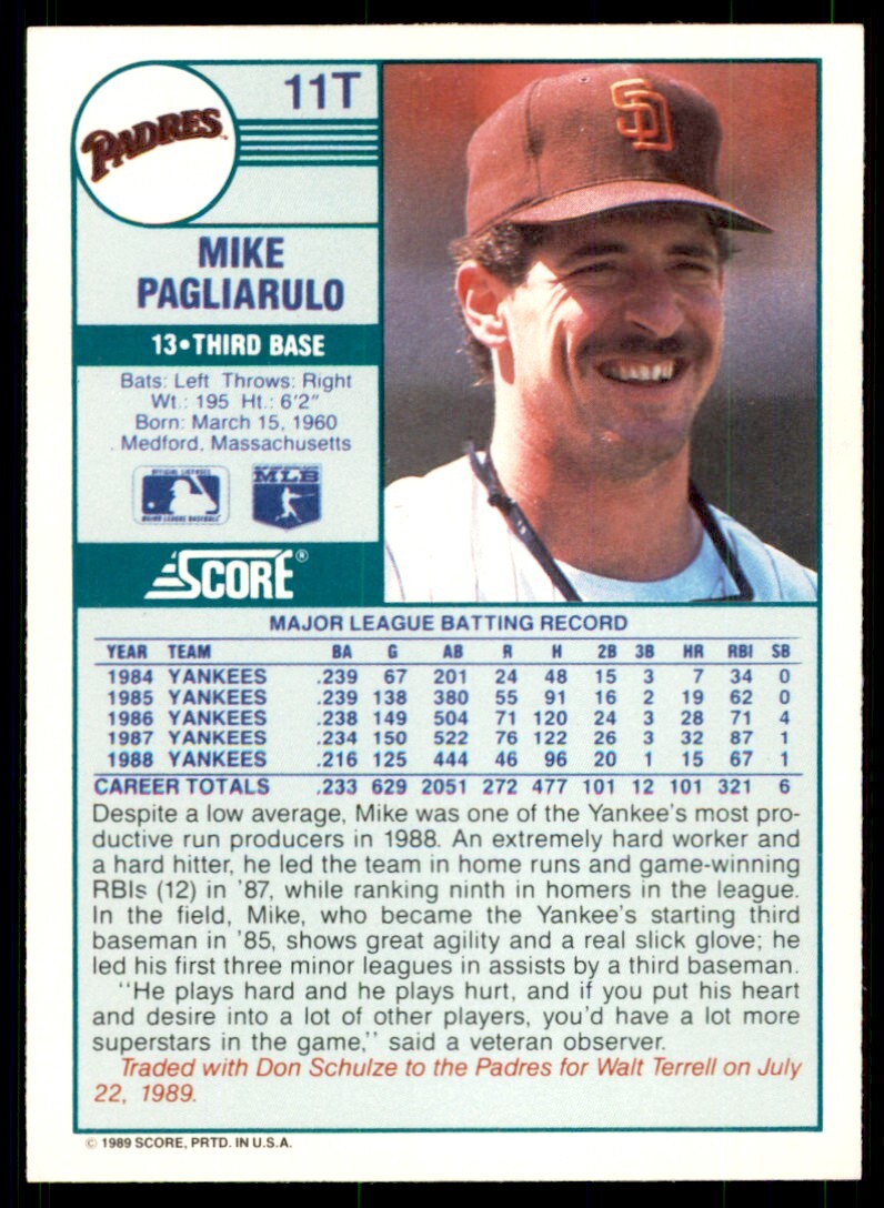 1989 Score Rookie & Traded: Mike Pagliarulo San Diego Padres #11T