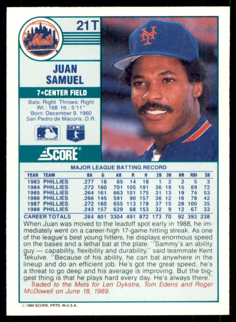 1989 Score Rookie & Traded: Juan Samuel New York Mets #21T