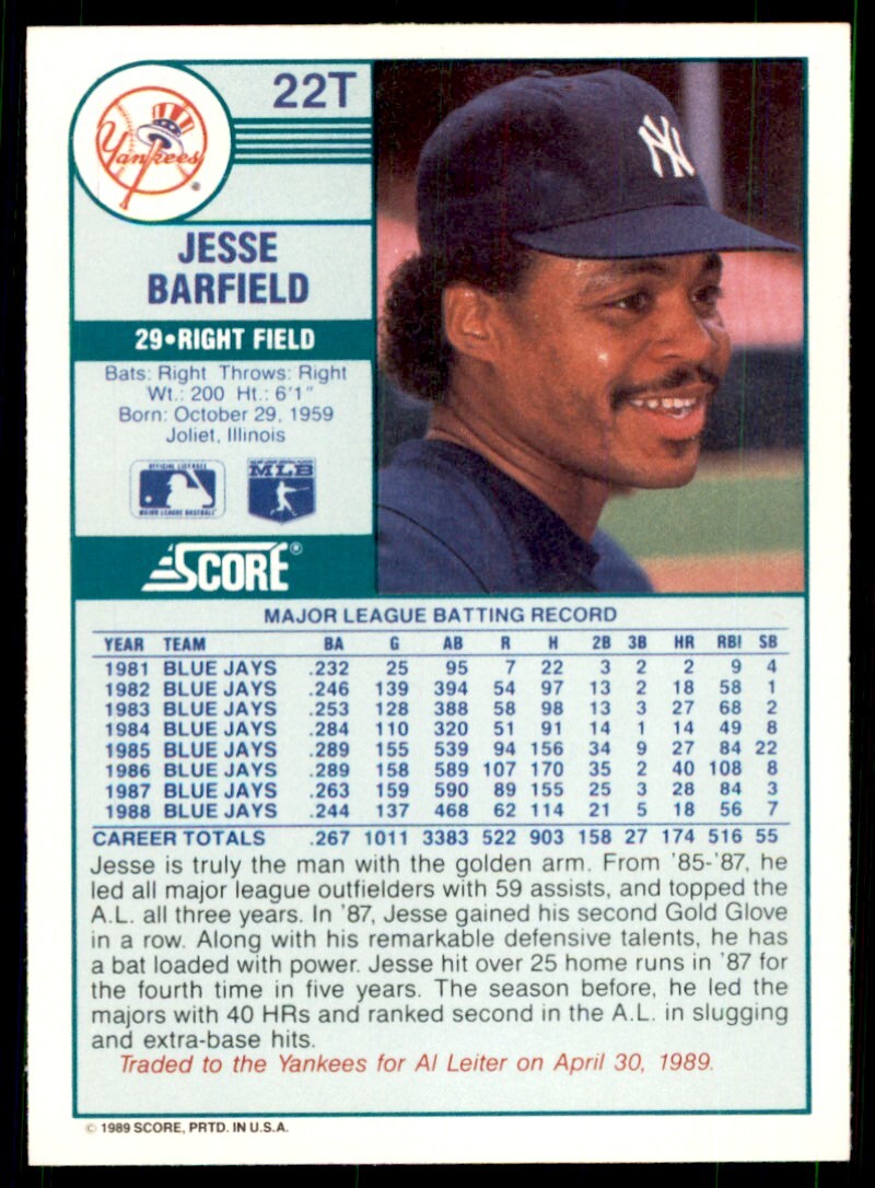 1989 Score Rookie & Traded: Jesse Barfield New York Yankees #22T