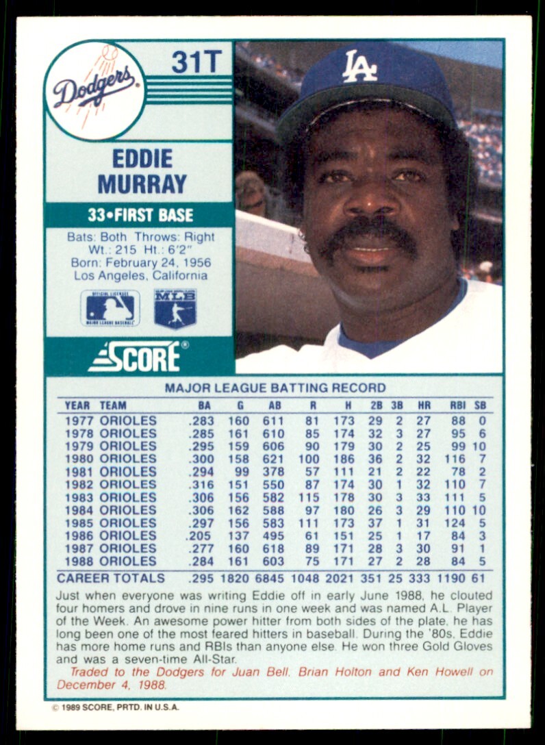 1989 Score Rookie & Traded: Eddie Murray Los Angeles Dodgers #31T