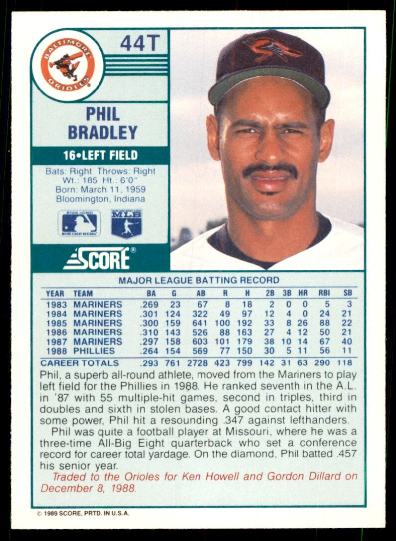 1989 Score Rookie & Traded: Phil Bradley Baltimore Orioles #44T