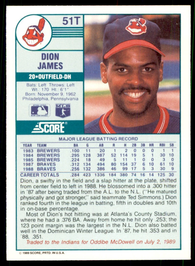 1989 Score Rookie & Traded: Dion James Cleveland Indians #51T