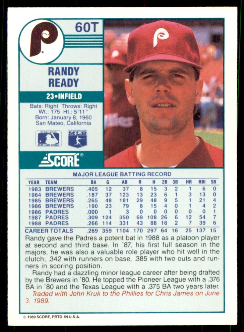 1989 Score Rookie & Traded: Randy Ready Philadelphia Phillies #60T