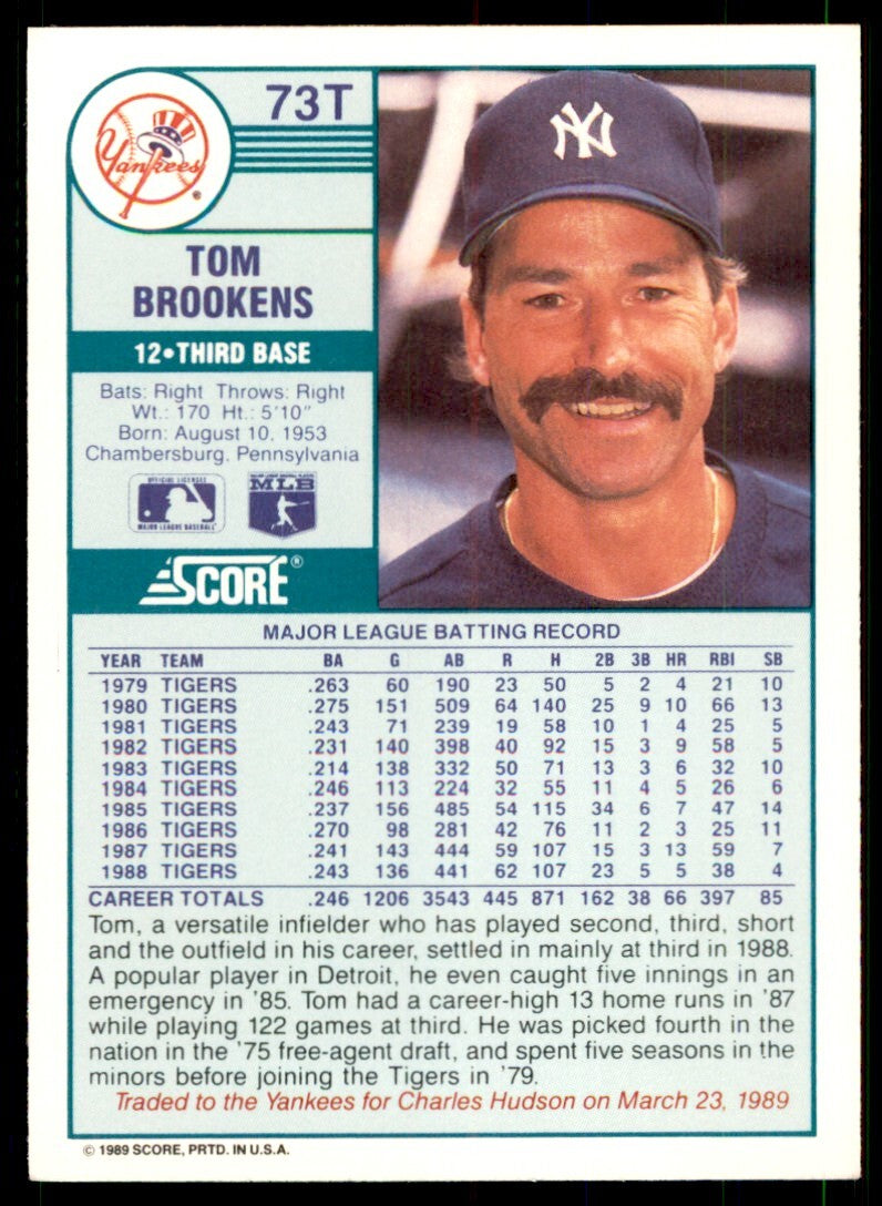 1989 Score Rookie & Traded: Tom Brookens New York Yankees #73T