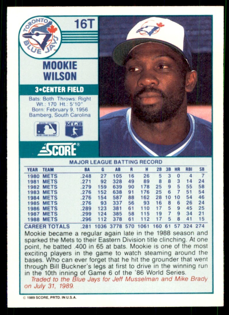 1989 Score Rookie & Traded- Mookie Wilson Toronto Blue Jays #16T
