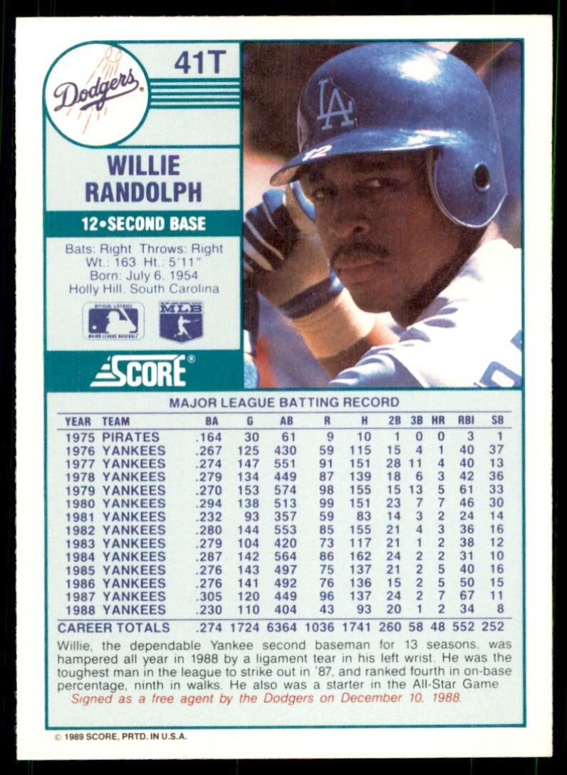 1989 Score Rookie & Traded- Willie Randolph Los Angeles Dodgers #41T