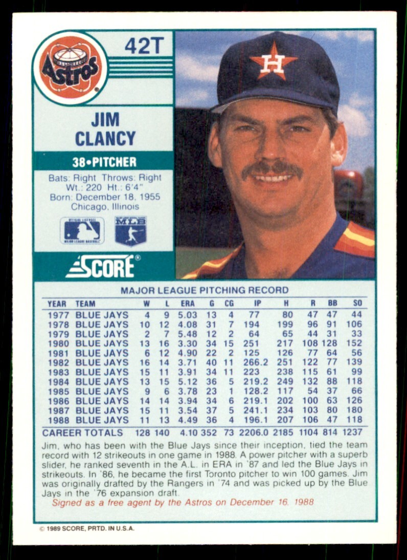 1989 Score Rookie & Traded- Jim Clancy Houston Astros #42T