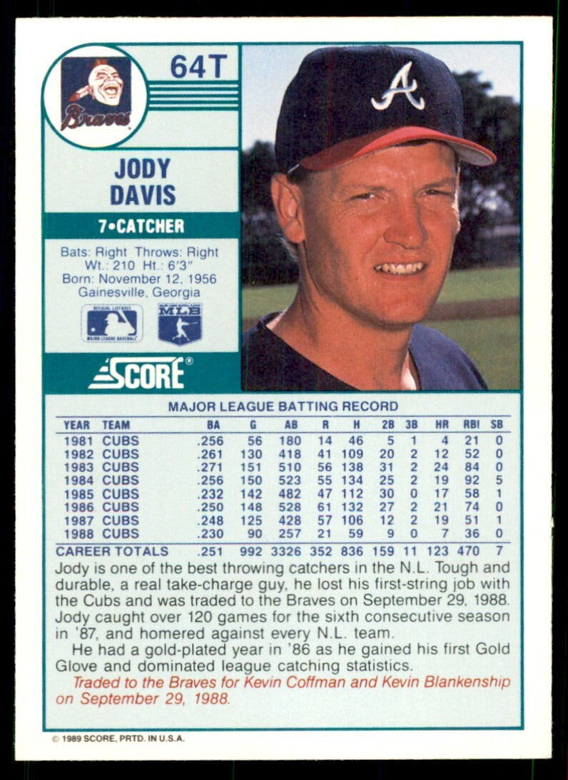 1989 Score Rookie & Traded- Jody Davis Atlanta Braves #64T