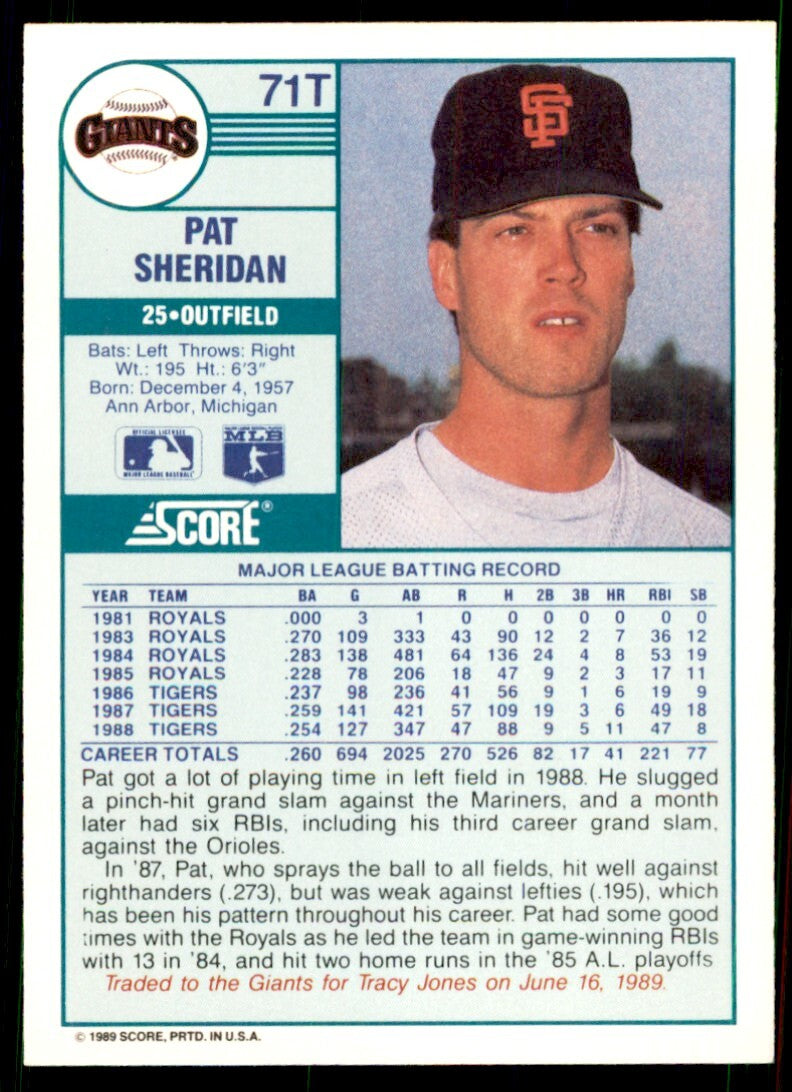 1989 Score Rookie & Traded- Pat Sheridan San Francisco Giants #71T