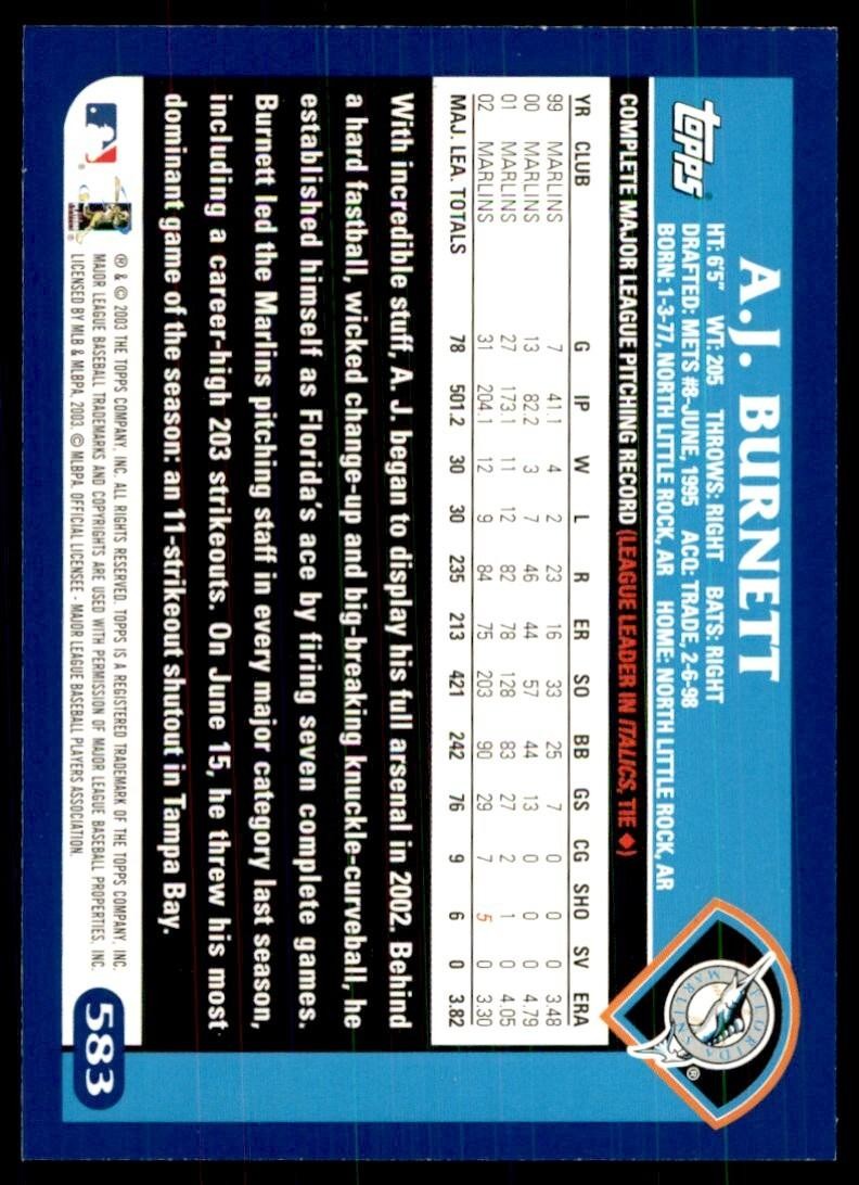 2003 Topps A.J. Burnett Florida Marlins #583