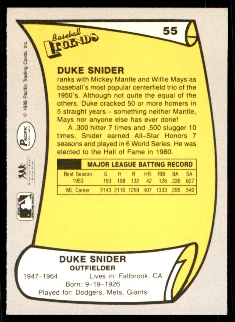 1988 Pacific Duke Snider Baseball Cards #55