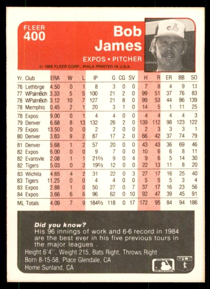 1985 Fleer Bob James 104 Baseball Cards #400