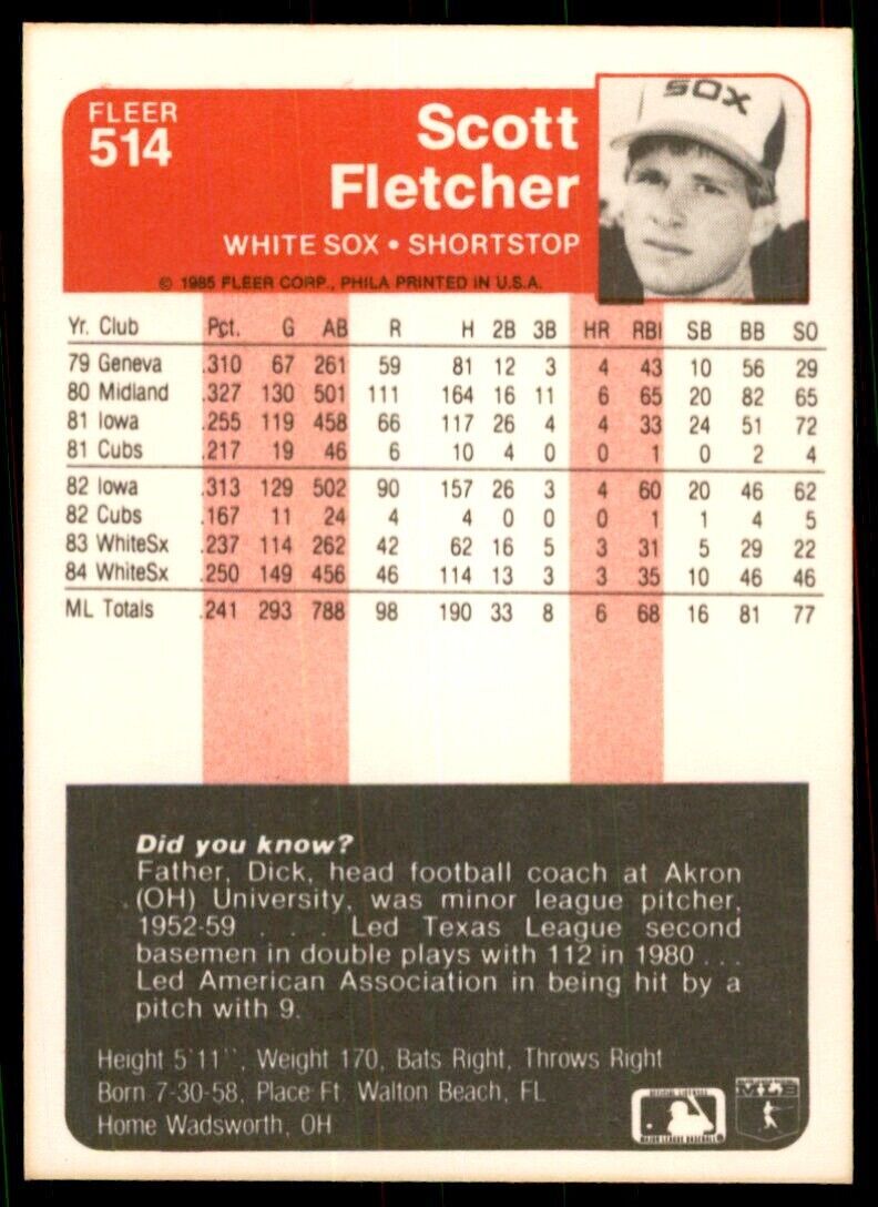 1985 Fleer Scott Fletcher 103 Baseballl Cards #514