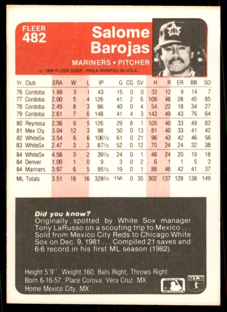 1985 Fleer Salome Barojas 103 Baseball Cards #482