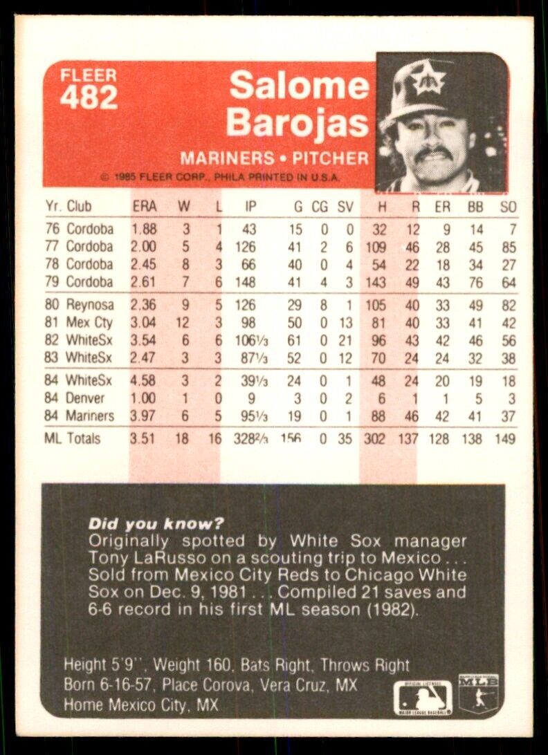 1985 Fleer Salome Barojas 104 Baseball Cards #482