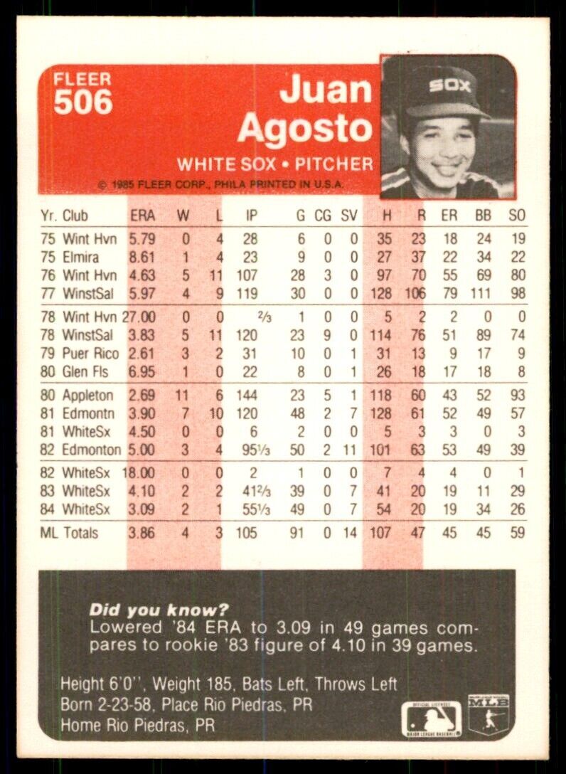1985 Fleer Juan Agosto 103 Baseball Cards #506