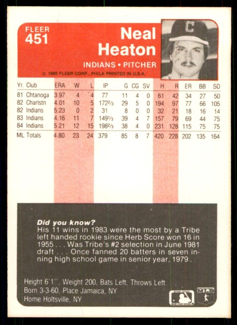 1985 Fleer Neal Heaton 104 Baseball Cards #451