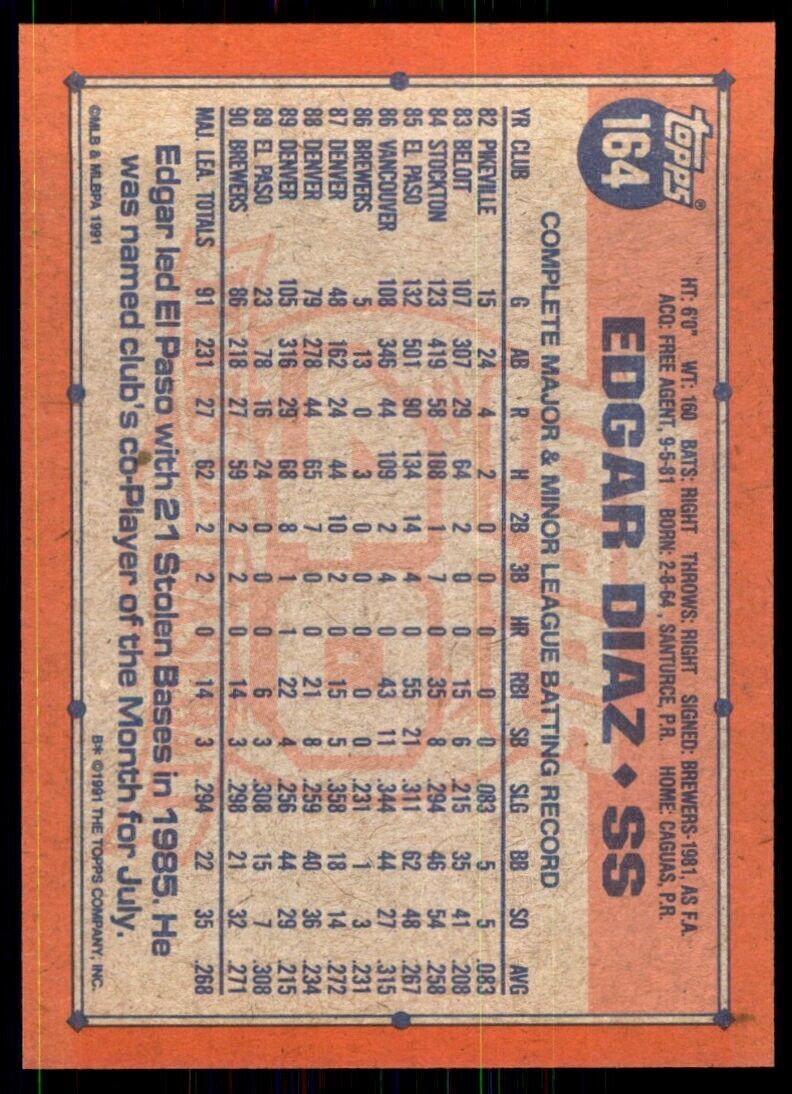 1991 Topps Edgar Diaz 103 Baseball Cards #164
