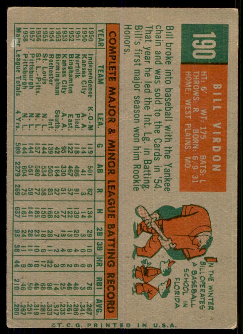 1959 Topps Bill Virdon 100 Baseball Cards #190