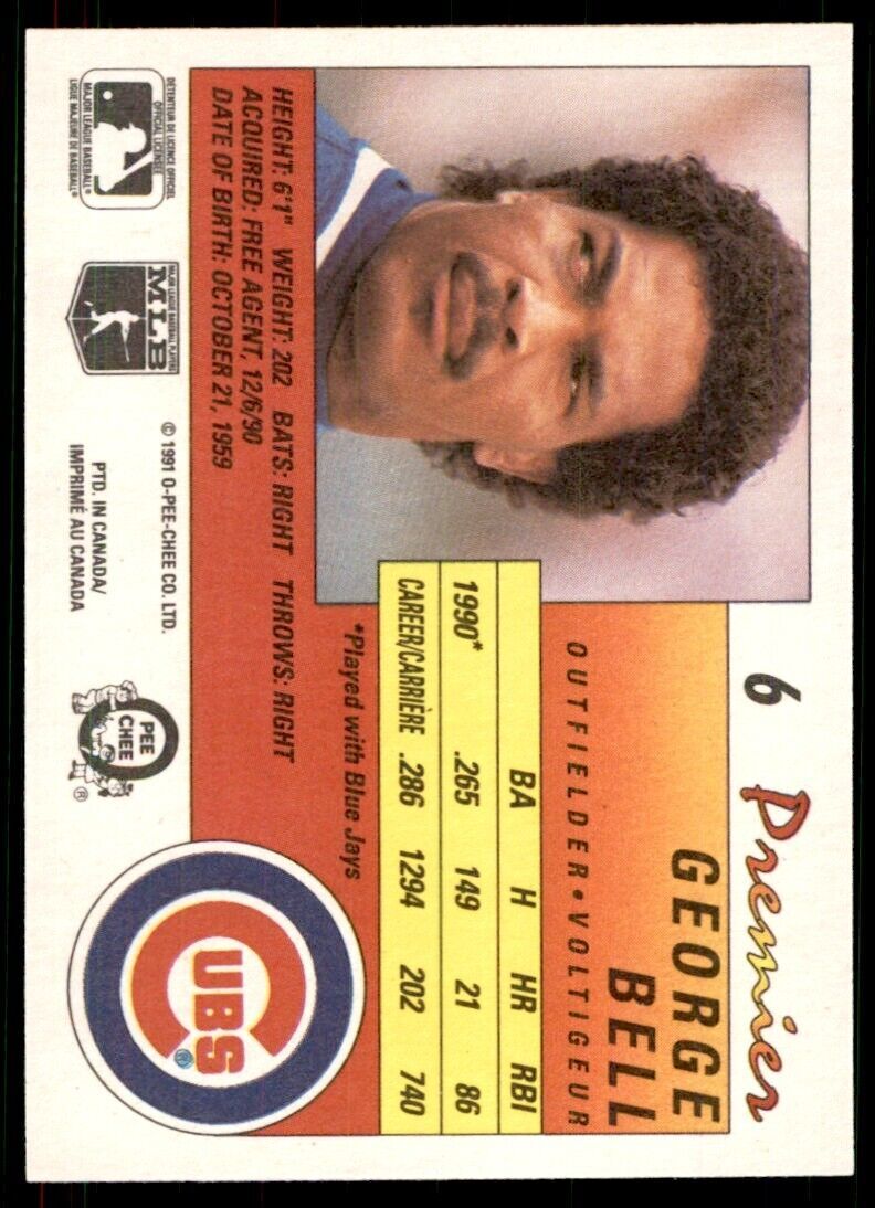 1991 O-Pee-Chee Premier George Bell Baseball Cards. #6