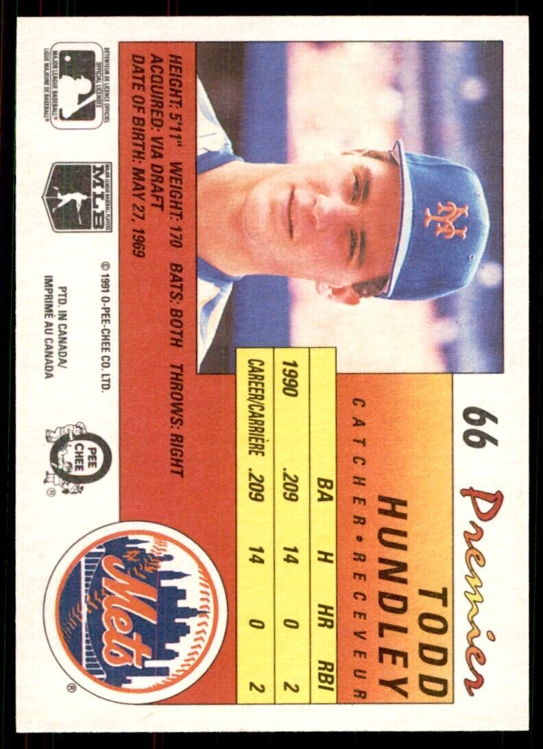 1991 O-Pee-Chee Premier Todd Hundley Baseball Cards. #66