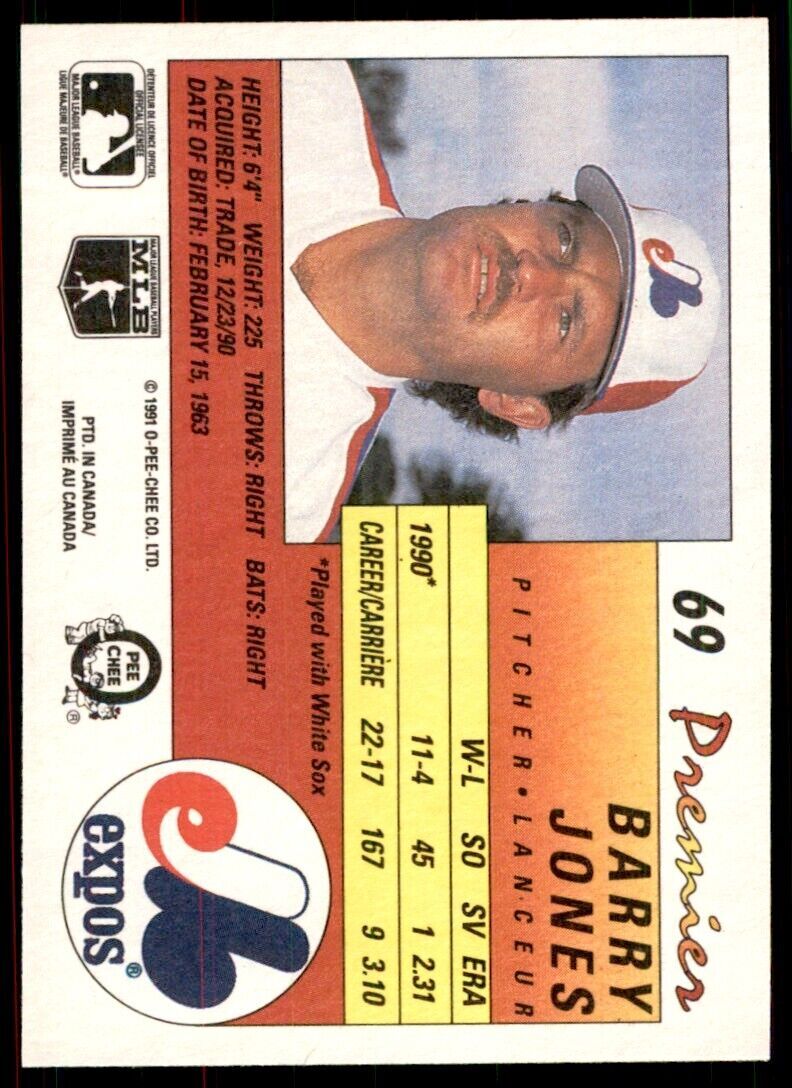 1991 O-Pee-Chee Premier Barry Jones Baseball Cards. #69