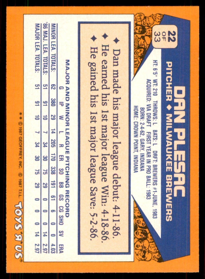 1987 Topps Toys'R'Us Rookies Dan Plesac Baseball Cards #22