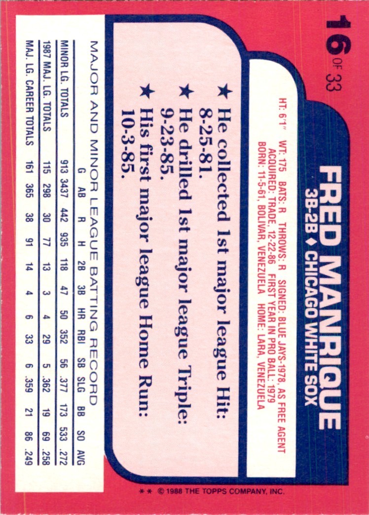 1988 Topps Toys'R'Us Rookies Fred Manrique 101 Baseball Cards #16