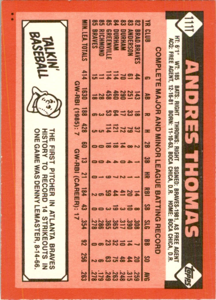 1986 Topps Traded Andres Thomas Baseball Cards #111T