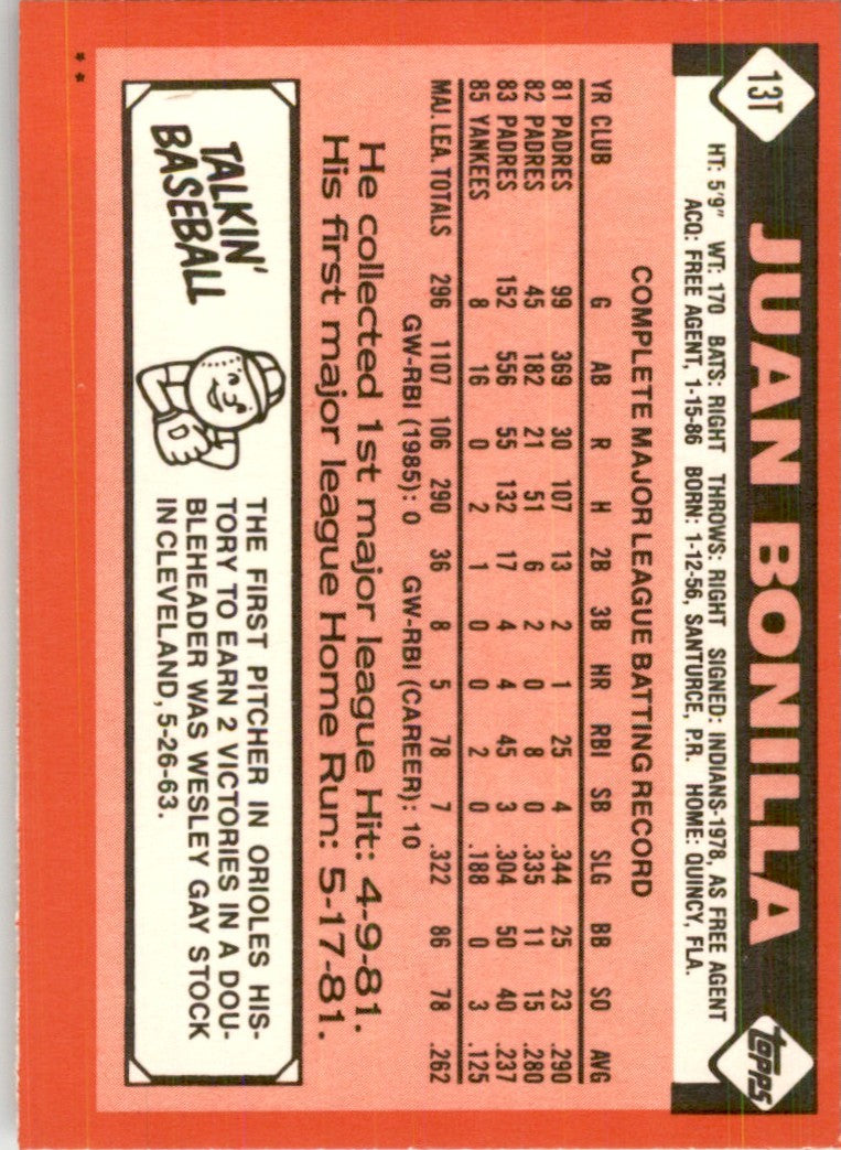 1986 Topps Traded Juan Bonilla Baseball Cards #13T