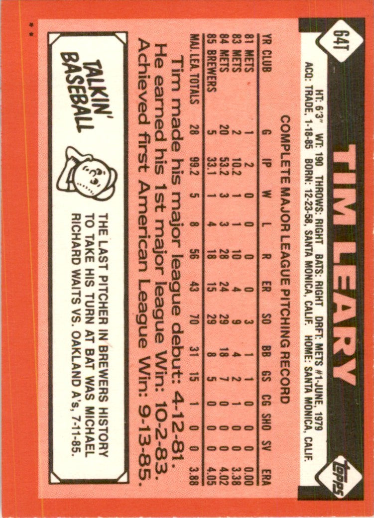 1986 Topps Traded Tim Leary Baseball Cards #64T