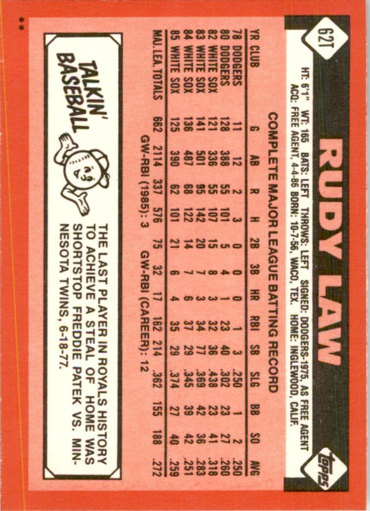 1986 Topps Traded Rudy Law Baseball Cards #62T
