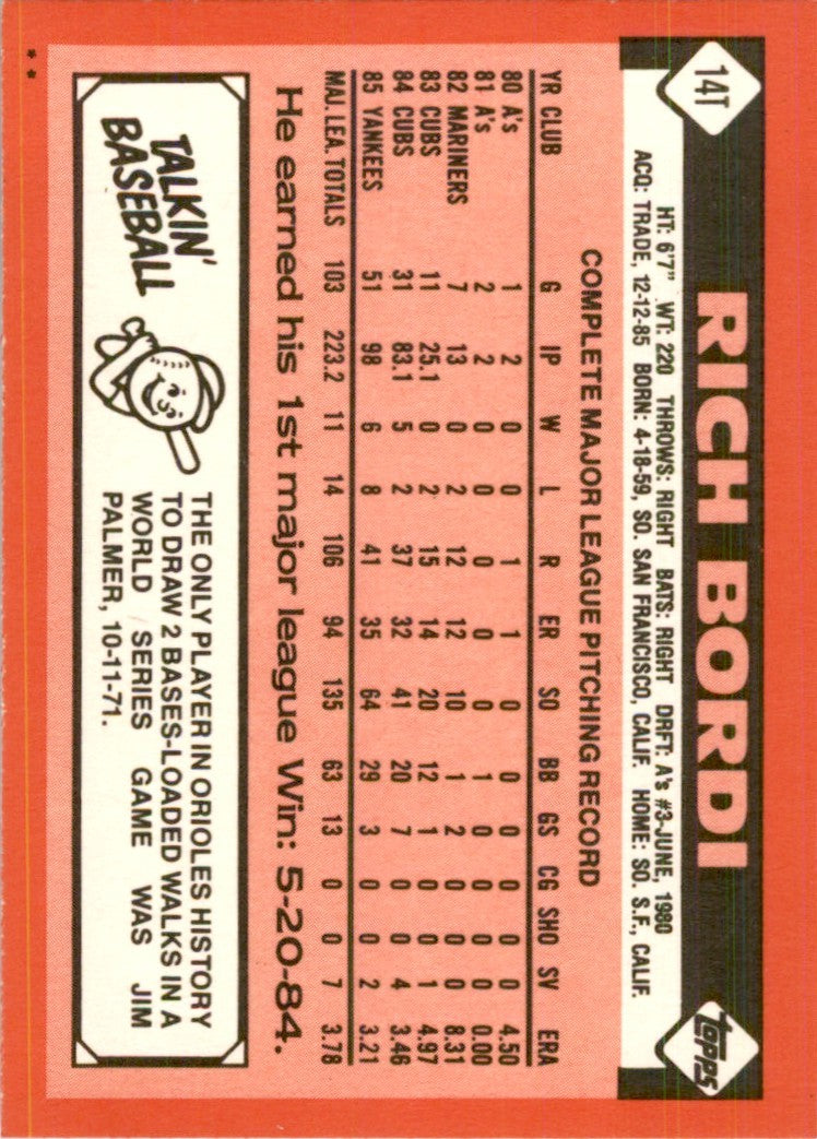 1986 Topps Traded Rich Bordi Baseball Cards #14T