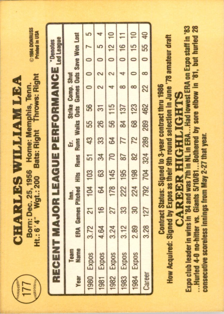 1985 Donruss Charlie Lea 102 Baseball Cards #177