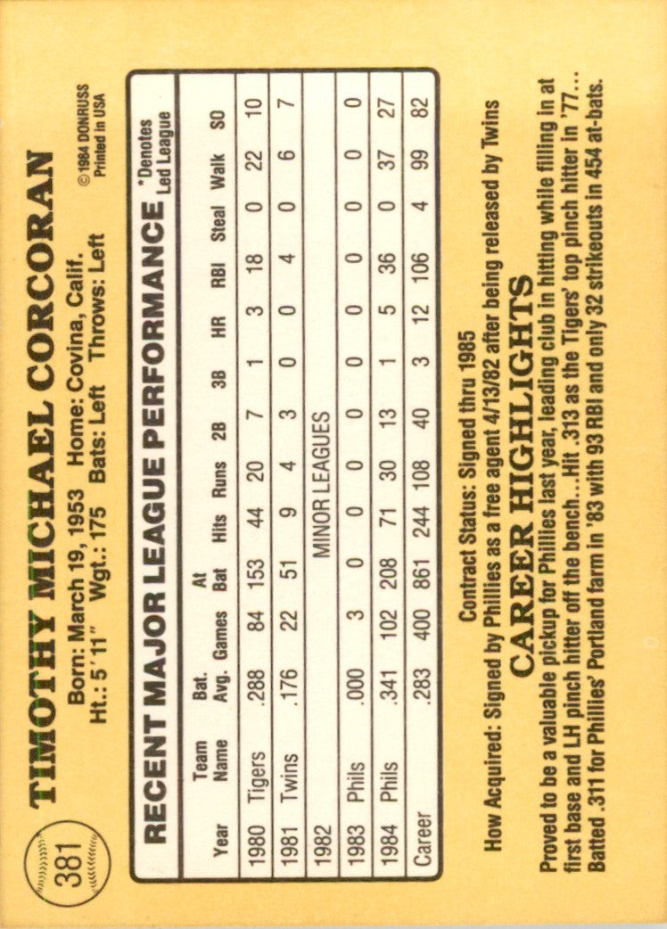 1985 Donruss Tim Corcoran 100 Baseball Cards #381