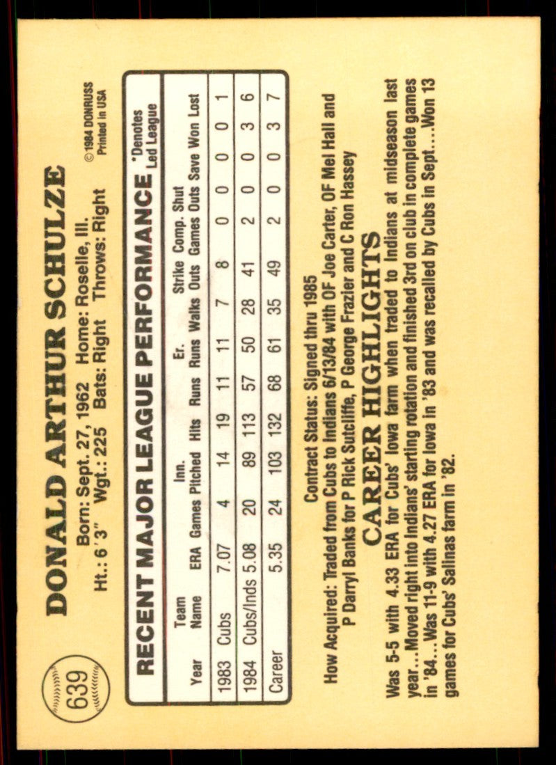 1985 Donruss Don Schulze 101 Baseball Cards #639