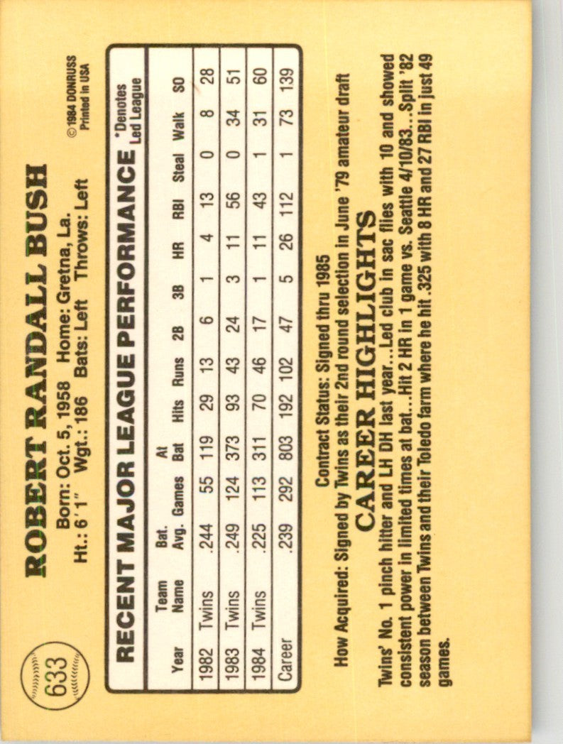 1985 Donruss Randy Bush 100 Baseball Cards #633