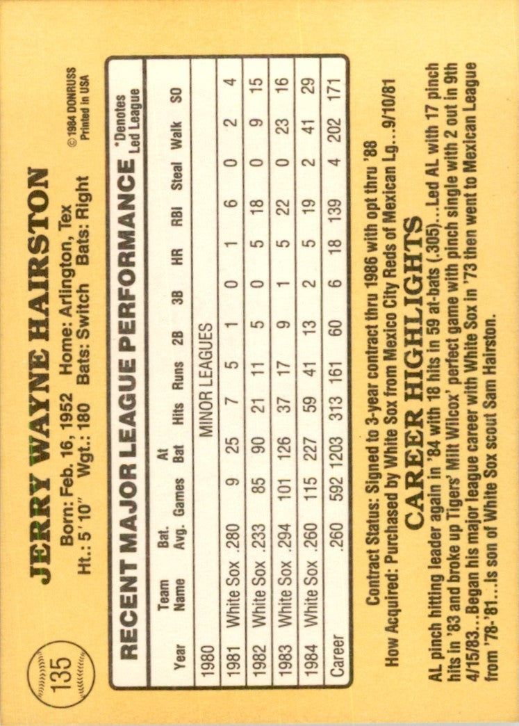 1985 Donruss Jerry Hairston 101 Baseball Cards #135