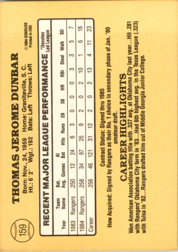 1985 Donruss Tommy Dunbar 102 Baseball Cards #159