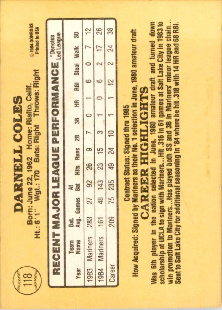 1985 Donruss Darnell Coles Baseball Cards #118