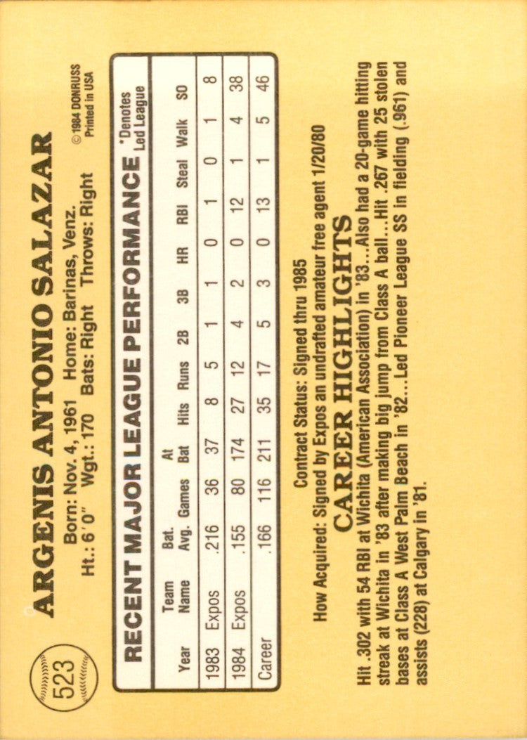 1985 Donruss Angel Salazar Baseball Cards #523