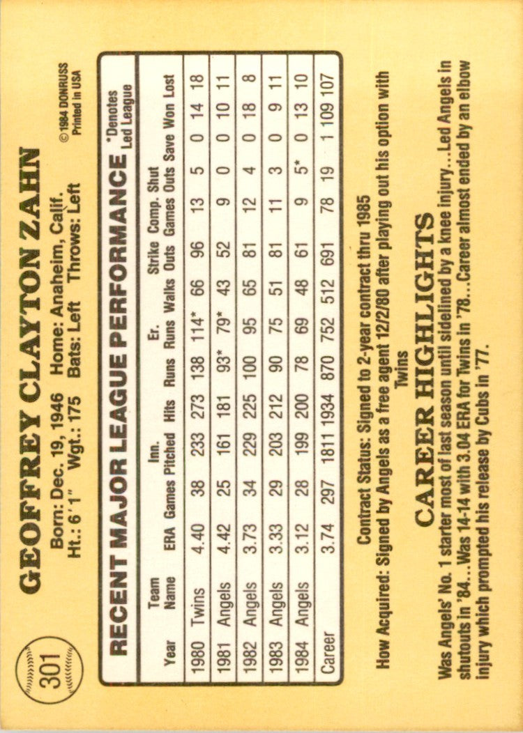 1985 Donruss Geoff Zahn 100 Baseball Cards #301